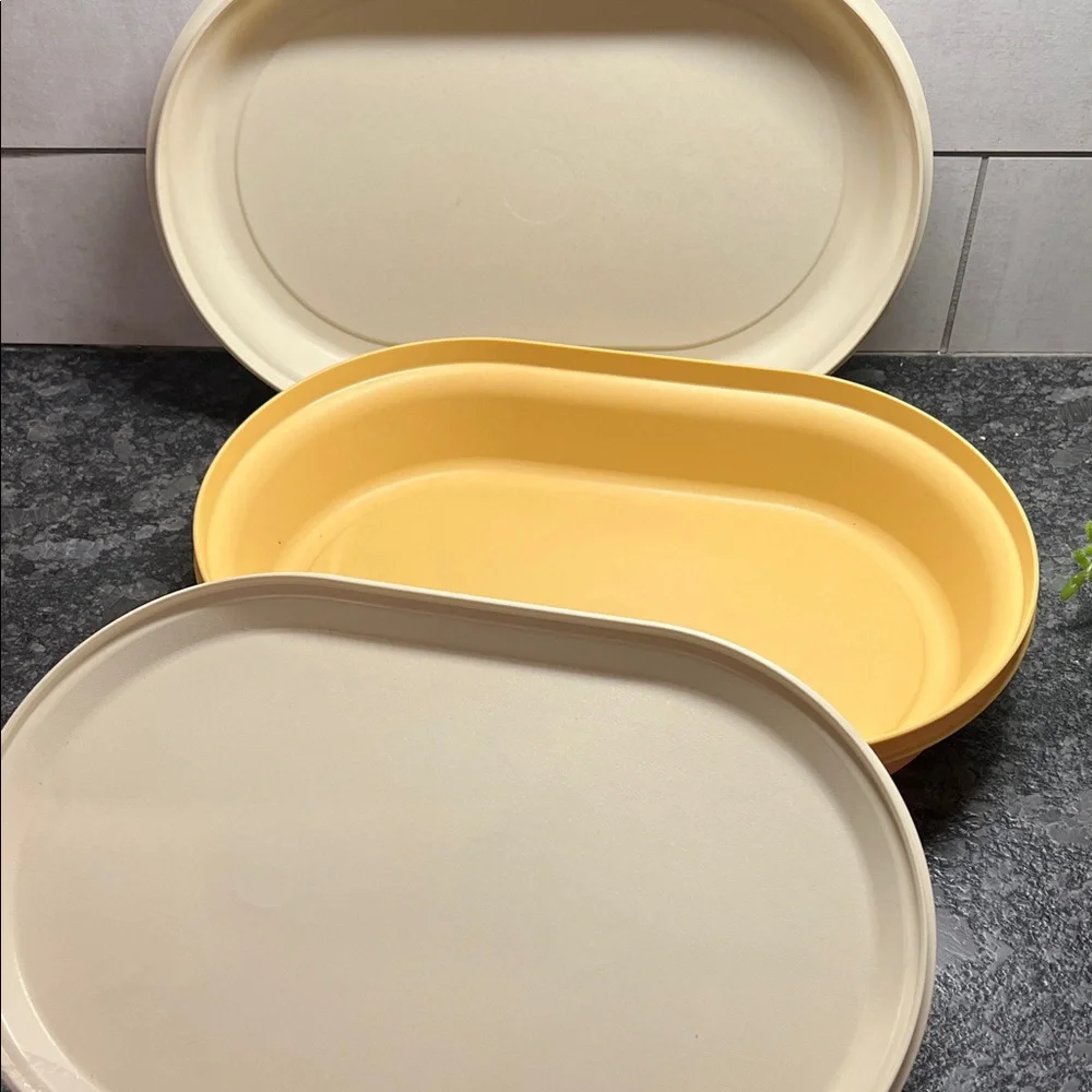 Tupperware Oval Server Cream and Harvest Gold Oval Container. NWOT